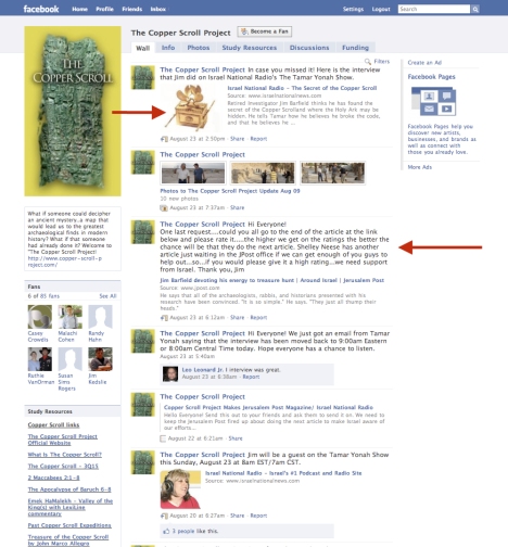 The Copper Scroll Project Facebook Page. Note the red arrows pointing to a picture of the Ark of the Covenant and to a paragraph encouraging supporters to navigate to the linked Jerusalem Post article and provide positive comments on it.