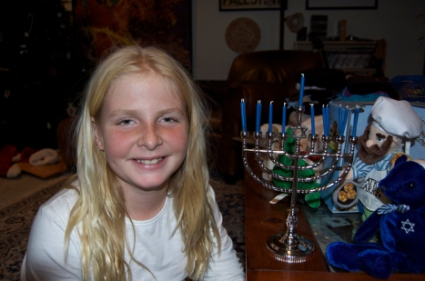 Talitha with her Hanukkah menorah on the first night.