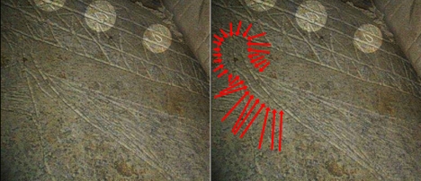 A side-by-side comparison of the handle in the "Fish in the margins" Image 16 (available: http://thejesusdiscovery.org/press-kit-photos/?wppa-album=3&wppa-photo=16&wppa-occur=1) with the handle outlined by a series of red arrows. The handle at the top left of the vessel is clearly visible.