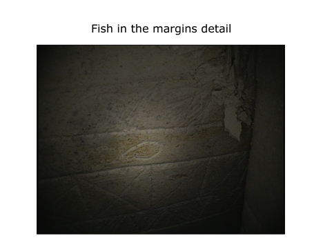 "Fish in the margins detail" photo from thejesusdiscovery.org website with spotlight Photoshop filter added by authors. This image (nearest to Ossuary 5, which abuts the "Jonah fish" ossuary #6), is the same image as above, except the authors have NOT digitally 'inked' the image. Note that the engraved lines do NOT overlap to form a fish shape. (Image available: http://thejesusdiscovery.org/press-kit-photos/?wppa-album=3&wppa-occur=1&wppa-photo=17)
